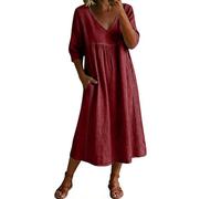 Womens Midi Dresses Summer Half Sleeve V Neck Casual Flowy Swing A-Line Long Beach Dress with Pockets Ladies Elegant Bohemian Loose Vacation Dresses for Party Night Out Wine