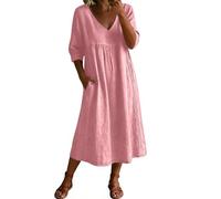 Womens Midi Dresses Summer Half Sleeve V Neck Casual Flowy Swing A-Line Long Beach Dress with Pockets Ladies Elegant Bohemian Loose Vacation Dresses for Party Night Out Pink