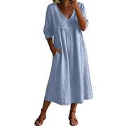 Womens Midi Dresses Summer Half Sleeve V Neck Casual Flowy Swing A-Line Long Beach Dress with Pockets Ladies Elegant Bohemian Loose Vacation Dresses for Party Night Out Light Blue