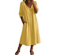 Womens Midi Dresses Summer Half Sleeve V Neck Casual Flowy Swing A-Line Long Beach Dress with Pockets Ladies Elegant Bohemian Loose Vacation Dresses for Party Night Out Yellow