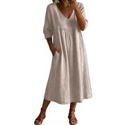Womens Midi Dresses Summer Half Sleeve V Neck Casual Flowy Swing A-Line Long Beach Dress with Pockets Ladies Elegant Bohemian Loose Vacation Dresses for Party Night Out Beige