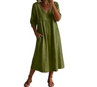 Womens Midi Dresses Summer Half Sleeve V Neck Casual Flowy Swing A-Line Long Beach Dress with Pockets Ladies Elegant Bohemian Loose Vacation Dresses for Party Night Out Army Green