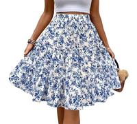 Women's Midi Skirt Asymmetrical Hem Summer Boho Floral Skirts Casual Flowy Elastic High Waisted Stretchy Skirts, Blue, L