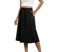 Women's Midi Skirt With Pockets - A-Line Cotton Summer Skirt With Elasticated Waist, Knee Length Flattering Slimming Beach Swing Design
