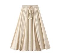 Women's Midi Skirts Summer Cotton Linen Skirts Long A-line Skirt Solid Color Casual Loose Elasticated Waist Skirts Lace-up Retro Double Layered Skirt Beach Holiday Party Skirt Beige