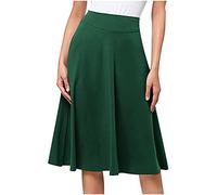 Women's Midi Skirts Summer High Waist Pleated Midi Length Knit Flared Skirt Solid Plain Stretch Formal Skirt for Office Work Wear Casual A-Line Swing Skirt Ladies Skater Skirt Green