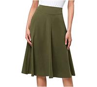 Women's Midi Skirts Summer High Waist Pleated Midi Length Knit Flared Skirt Solid Plain Stretch Formal Skirt for Office Work Wear Casual A-Line Swing Skirt Ladies Skater Skirt Army Green