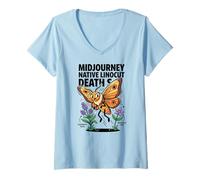 Women's Midjourney Native Linocut Death S Angry Lepidoptera V-Neck T-Shirt