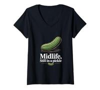 Womens Midlife Still in A Pickle Funny Pickle Humor V-Neck T-Shirt