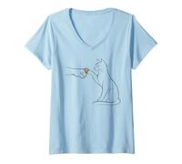 Women's Midnight Cat Touch Magical Bond Line Art Cat Silhouette V-Neck T-Shirt