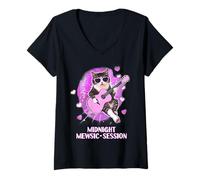 Womens Midnight Mewsic Funny Cat Singer Pink Guitar Youth Girls V-Neck T-Shirt