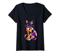 Women's Midnight Mosaic Cat Abstract Color Block Art V-Neck T-Shirt