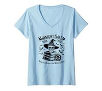 Womens Midnight Salem Book Club Books Broom Witching Hour V-Neck T-Shirt