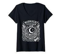 Women's Midnight Stitcher Moon Moth Cross Stitch Folk Art V-Neck T-Shirt