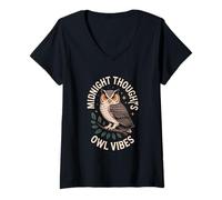 Womens Midnight Thoughts Owl Vibes Retro Sunset V-Neck T-Shirt
