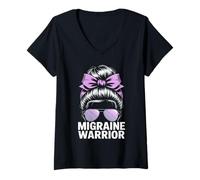 Womens Migraine Warrior Messy Bun Purple Ribbon Awareness V-Neck T-Shirt