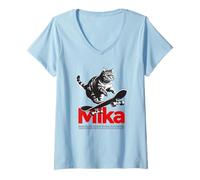 Womens MIKA - Cute Boy Name with cool with cool Cat & Skateboard V-Neck T-Shirt