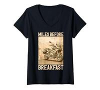 Women's Miles Before Breakfast Motorcycle Adventure Design V-Neck T-Shirt