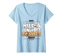 Womens Milf Cookies Milk Homemade Baked Fresh Funny Adult Humor V-Neck T-Shirt