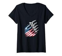 Womens Military Fighter Jet American Flag Flying Formation V-Neck T-Shirt