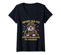 Women's Military Grumpy Old Vet Crayons Fueled NO Apologies Jarhead V-Neck T-Shirt
