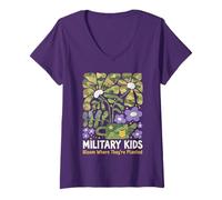Women's Military Kid Dandelion Bloom Where They're Planted Purple Up V-Neck T-Shirt