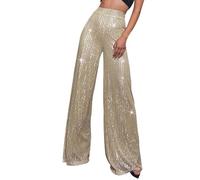 Women's Military Trousers, Casual Sequin Trousers, Glittering Sequins, High Waist, Wide Leg, Flared Trousers, Nightclub Clothing, Leiber Trousers, Women's Short, Rose Gold, XXL