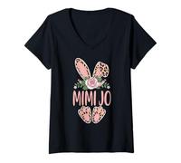 Women's Mimi JO Cute Leopard Bunny Ears Floral Easter V-Neck T-Shirt