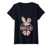 Women's Mimi Kay Cute Leopard Bunny Ears Floral Easter V-Neck T-Shirt