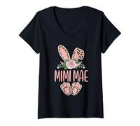 Women's Mimi MAE Cute Leopard Bunny Ears Floral Easter V-Neck T-Shirt