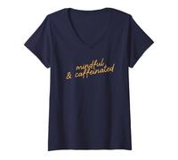 Women's Mindful & Caffeinated Funny Minimalist Phrase Script V-Neck T-Shirt
