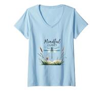 Women's Mindful Journey Dragonfly Nature Watercolor Design V-Neck T-Shirt