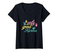 Women's Mindful Living Only Good Karma Handprint Quote V-Neck T-Shirt