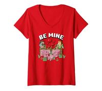 Womens Minecraft Valentine's Day Steve & Alex Feeding Piggy Family V-Neck T-Shirt