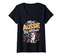 Women's Mini Aussie Big Attitude Australian Shepherd Dog V-Neck T-Shirt