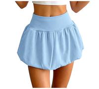 Women's Mini Bubble Skirt High Elastic Waist Plain Cute Ruffle Flared Short Skirts with Build in Shorts Puffball Ruffled A-Line Skirt Casual Cute Flared Short Skirts for Women UK Light Blue