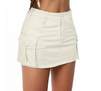 Womens Mini Cargo Skirts Y2k Denim Skirt with Pockets Low Waist Button Jean Skirts for Women, Beige, S