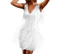 Womens Mini Dress 1920s Flapper Fringe Dress Vintage Dance Dress Tassel Sleeveless V Neck Roaring Fancy Sequin Skirt Costume Cocktail Party Dress Tassels Ballroom Salsa Samba Tango Latin Dance Dress