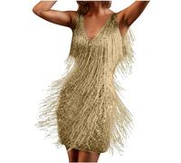 Womens Mini Dress 1920s Flapper Fringe Dress Vintage Dance Dress Tassel Sleeveless V Neck Roaring Fancy Sequin Skirt Costume Cocktail Party Dress Tassels Ballroom Salsa Samba Tango Latin Dance Dress