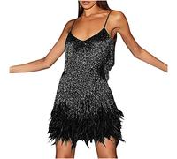 Womens Mini Dress 1920s Flapper Fringe Dress Vintage Dance Dress V Neck Roaring Fancy Sequin Dress Sleeveless Costume Cocktail Party Dress Tassels Ballroom Salsa Samba Tango Latin Dance Dress Black