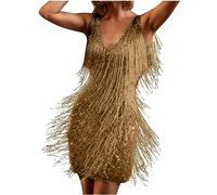Womens Mini Dress 1920s Flapper Fringe Dress Vintage Dance Dress V Neck Roaring Fancy Sequin Dress Sleeveless Costume Cocktail Party Dress Tassels Ballroom Tango Latin Dance Dress Coffee