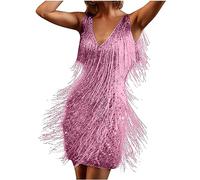 Womens Mini Dress 1920s Flapper Fringe Dress Vintage Dance Dress V Neck Roaring Fancy Sequin Dress Sleeveless Costume Cocktail Party Dress Tassels Ballroom Tango Latin Dance Dress Pink