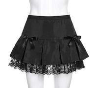Women'S Mini Skirt,Low Waisted A-Line Skirt Gothic Black Pleated Bow Double Layer Lace Ruffles Summer Sexy Pencil Short Skirt With Zipper For Cool Girls Ladies Beach Holiday Date Party,S
