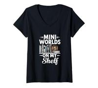 Womens Mini Worlds On My Shelf Book Nook Reader Collector V-Neck T-Shirt