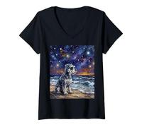 Women's Miniature Schnauzer Starry Night at The Beach Artwork V-Neck T-Shirt