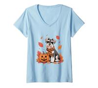 Womens Miniature Schnauzers Lover Pumpkin Fall Autumn Thanksgiving V-Neck T-Shirt