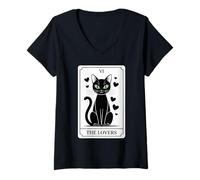 Womens Minimal Black Cat Tarot - The Lovers Card Artwork V2 V-Neck T-Shirt