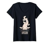 Womens Minimalist Catfish Defender Design with Wels in Aufsi V-Neck T-Shirt