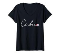 Women's Minimalist Cuba Cursive Cuban Flag Heart V-Neck T-Shirt