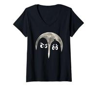 Womens Minimalist Ghost Duo Under The Full Moon - Halloween Cartoon V-Neck T-Shirt